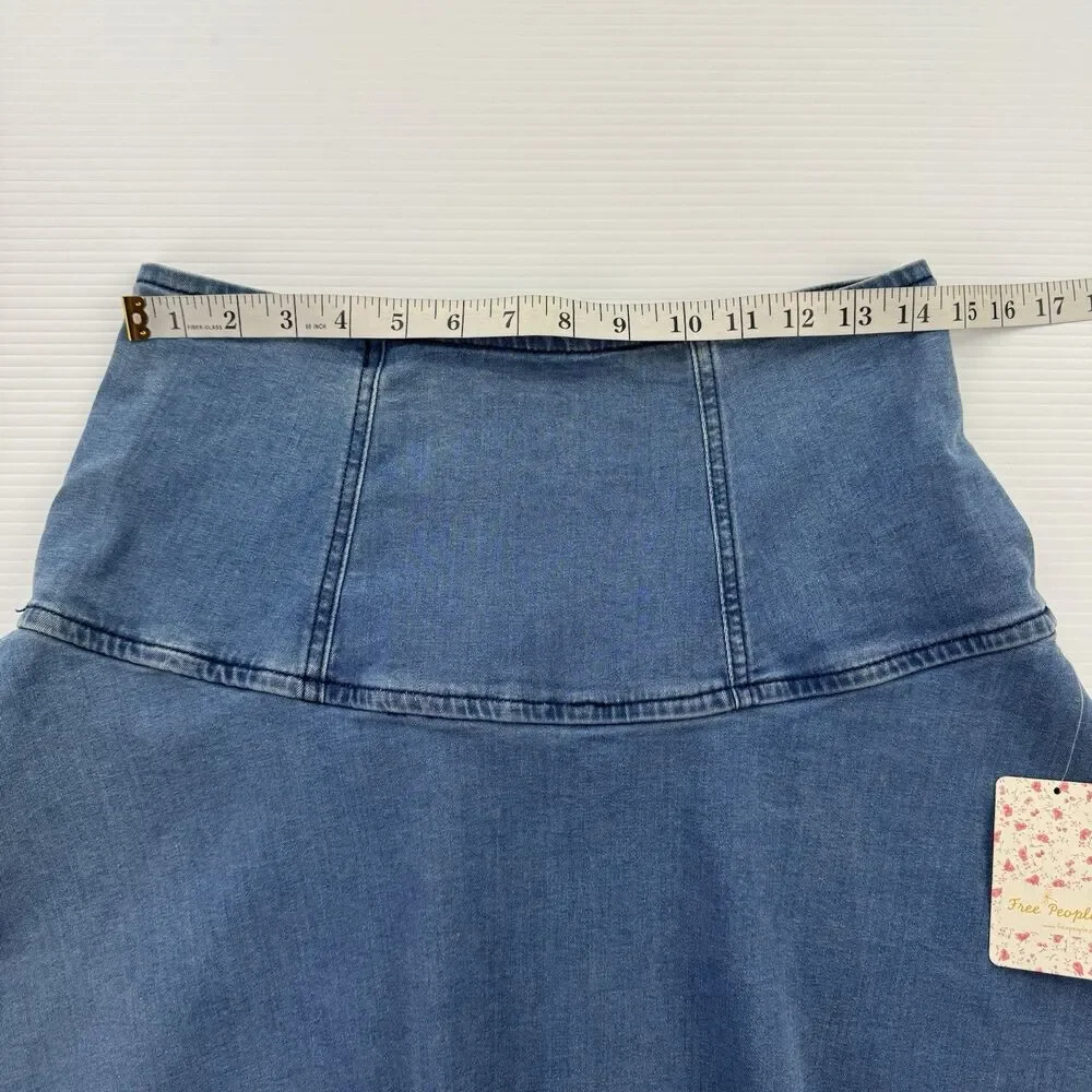 Free People Denim Mini Skirt Size 6 Blue Flare Raw Hem High Waist NWT $68